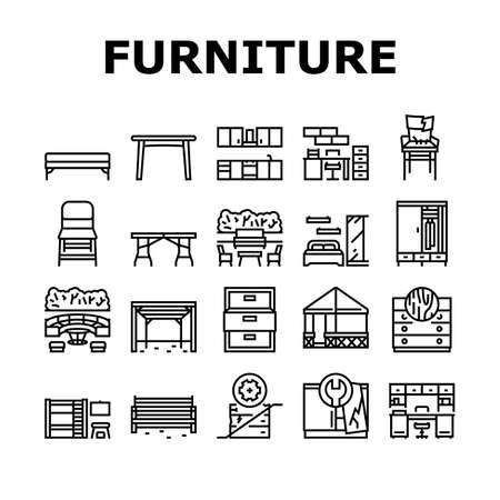 Furniture For Home And Backyard Icons Set Vector. Dinning And Folding Table, Kitchen And Bedroom Furniture, Wardrobe And Cabinet, Repair Old Broken Chair And Bench Line. Black Contour Illustrationsのイラスト素材