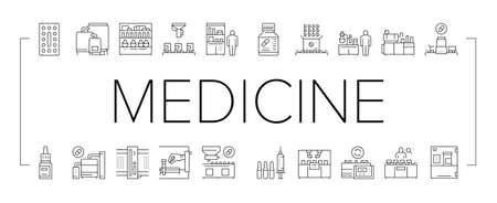 Medical Drugs Production Factory Icons Set Vector .のイラスト素材