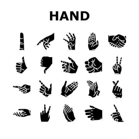 Hand Gesture And Gesticulate Icons Set Vector. Attention And Pointer Hand Gesture, Thumb Up And Down, Touch With Finger And Handshake, Gesturing Love And Peace Glyph Pictograms Black Illustrationsのイラスト素材