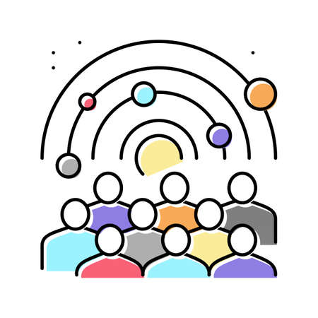visiters watching on galaxy planets in planetarium color icon vector illustrationのイラスト素材