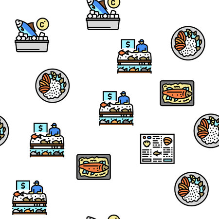 Seafood Cooked Food Dish Menu Vector Seamless Pattern Thin Line Illustrationのイラスト素材
