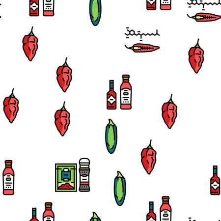 Chili Spicy Natural Vegetable Vector Seamless Pattern Thin Line Illustrationのイラスト素材