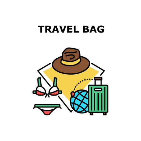 Travel Bag Luggage Vector Icon Concept. Travel Bag Luggage For Carrying Tourist Hat And Swimming Suit Clothes, Baggage For Enjoying Journey And Carry Clothing. Suitcase Accessory Color Illustrationのイラスト素材