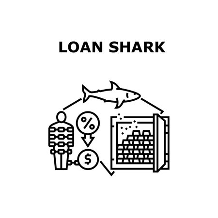 Loan Shark Bank Vector Icon Concept. Loan Shark Bank And Poor Man With Financial Difficulties. Client With Money Finance Problem Paying Credit And High Percent. Businessman Black Illustrationのイラスト素材