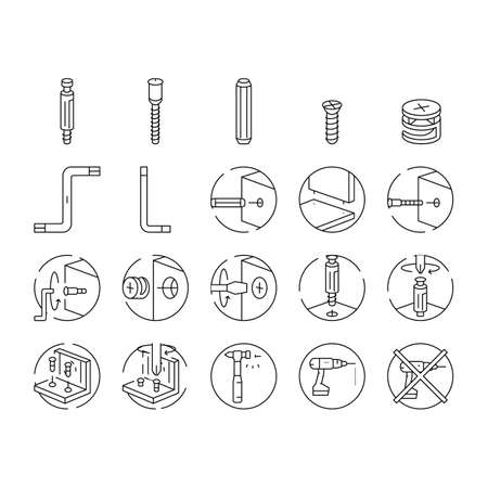 assembly furniture instruction icons set vector. manual diy, man home instructions, repair tools construction, house assemble screw assembly furniture instruction black contour illustrationsのイラスト素材