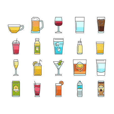 beverage drink juice fresh water icons set vector. ice tea, fruit ad splash, lemon glass soda, cold mint, cool bottle cup, liquid beverage drink juice fresh water color line illustrationsのイラスト素材