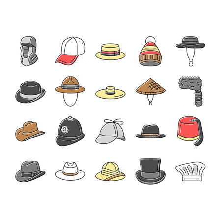 hat cap head man safety fashion icons set vector. female straw, cowboy work job, chef cook, woman panama, person vintage gentleman hat cap head man safety fashion color line illustrationsのイラスト素材