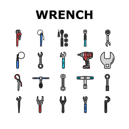 wrench tool spanner repair icons set vector. work maintenance, workshop key, mechanic equipment, construction mechanical hardware wrench tool spanner repair color line illustrationsのイラスト素材