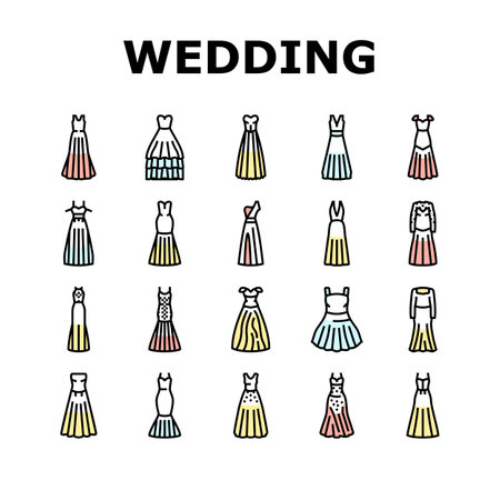 wedding dress bride woman icons set vector. beautiful white, beauty female, celebration love, bridal fashion, marriage ceremony wedding dress bride woman color line illustrationsのイラスト素材