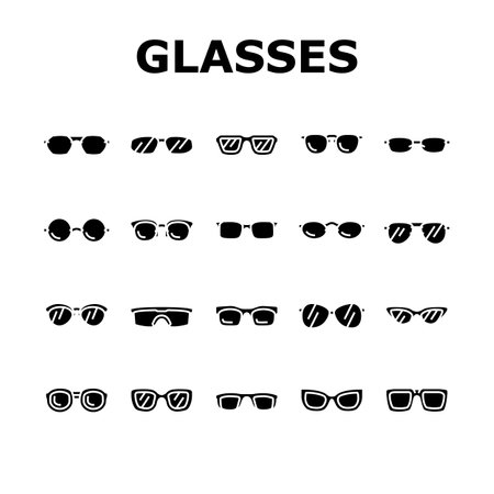 glasses optical style frame icons set vector. modern lens, fashion view eyeglasses, eyesight, eye old design, vision retro glasses optical style frame glyph pictogram Illustrationsのイラスト素材