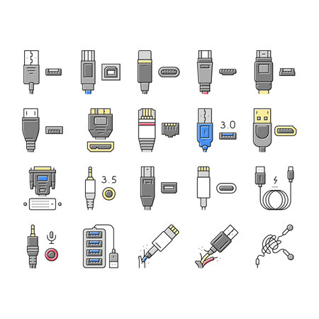 Usb Cable And Port Purchases Icons Set Vector. 3.0 Usb Cable And Dp Displayport, Tangle Earphone And...