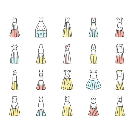 wedding dress bride woman icons set vector. beautiful white, beauty female, celebration love, bridal fashion, marriage ceremony wedding dress bride woman color line illustrationsのイラスト素材
