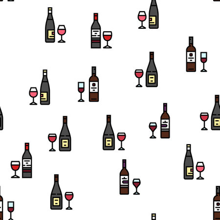 wine glass alcohol red bottle vector seamless pattern thin line illustrationのイラスト素材