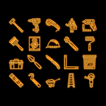 building tool hammer repair drill neon glow icon illustrationのイラスト素材