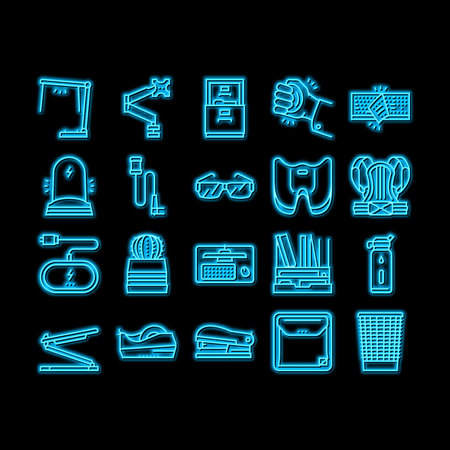 Workplace Accessories And Tools neon glow icon illustrationのイラスト素材