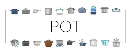 pot kitchen food pan cooking icons set vectorのイラスト素材