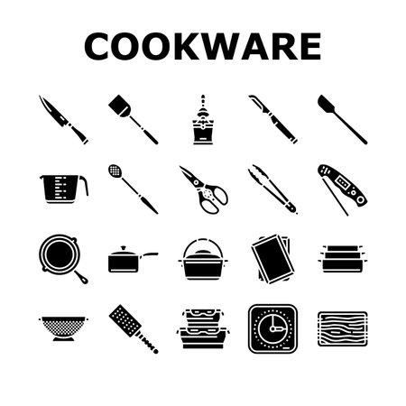 cookware kitchen cooking food icons set vectorのイラスト素材