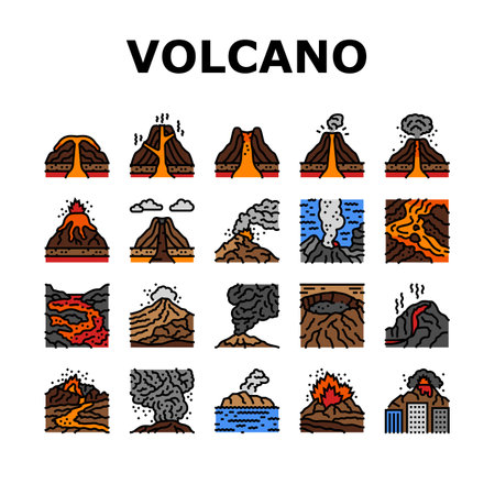 volcano lava eruption nature icons set vectorのイラスト素材