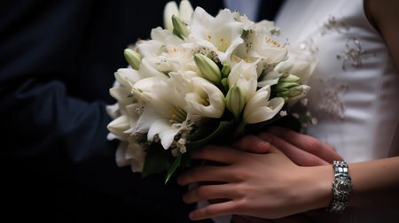 groom holding wedding flowers backgroundの素材