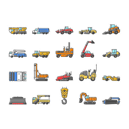 construction vehicle heavy work icons set vectorのイラスト素材