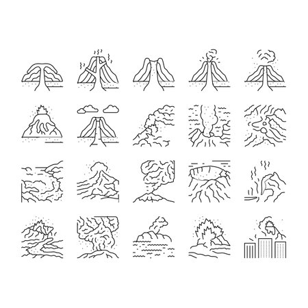 volcano lava eruption nature icons set vectorのイラスト素材