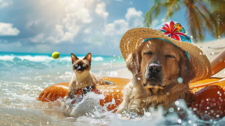 beach dog and cat on vacationの素材