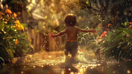 splashg child playing in rainの素材