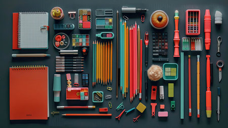 scissors flat lay top view school suppliesの素材