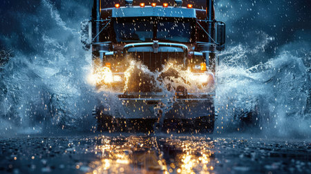 highway semi truck rainの素材