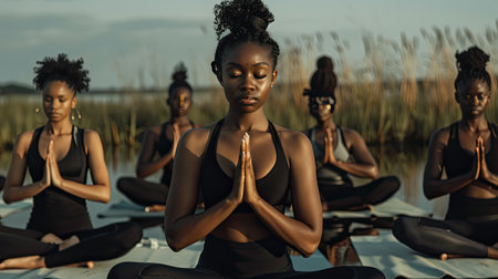 wellness black women doing yogaの素材