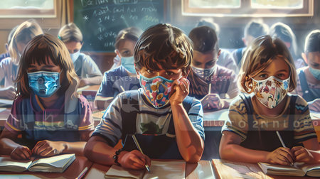 learng kids in school maskの素材
