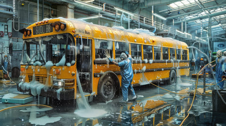 vacuuming cleaning school busの素材
