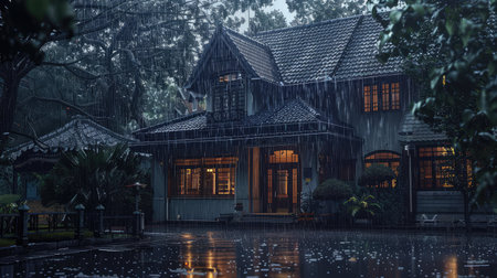 wet raining on houseの素材