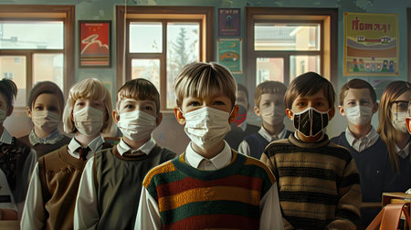 pandemic kids with masks at schoolの素材