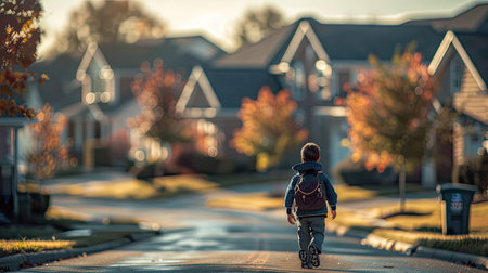 sidewalk child walking to schoolの素材
