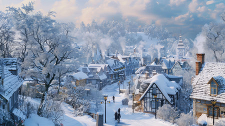 skiing snowy townの素材