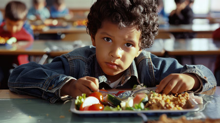 healthy child eating school lunchの素材