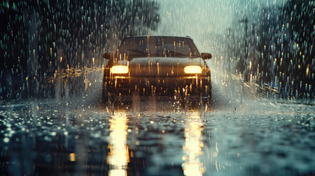 wet car driving through rainの素材