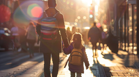 teacher parent and child going to schoolの素材