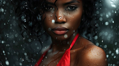 wet african american woman in the rainの素材