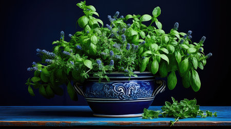pot fresh herbs on dark blueの素材