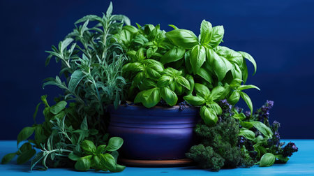 basil fresh herbs on dark blueの素材