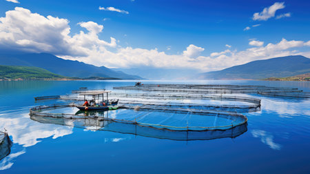 calm boat fish farmの素材