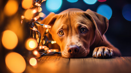 festive dog with christmas lightsの素材