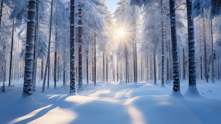 ground sunny snowy treesの素材