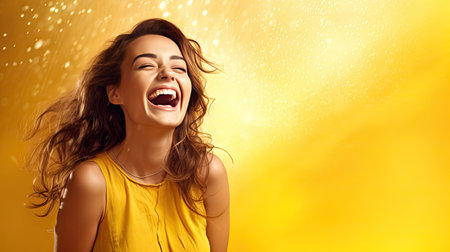 woman happy person yellow backgroundの素材