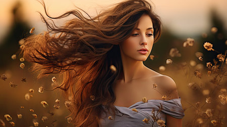 flowers woman with brown hairの素材