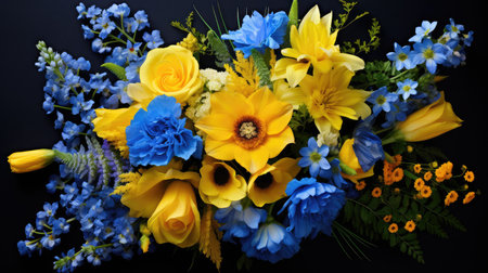 delphiniums blue and yellow bouquet flowers imagesの素材