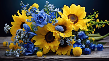 sun blue and yellow bouquet flowers imagesの素材