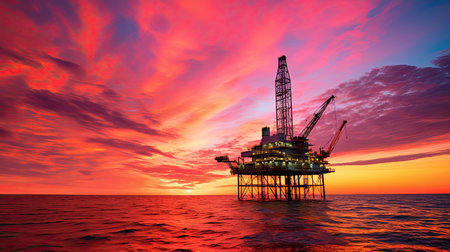 silhouetted oil rig gulf of mexico A dramatic sunset serves asの素材
